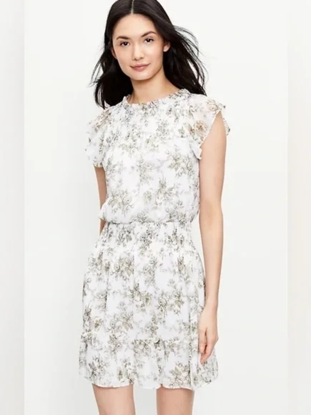 Ann Taylor Loft White Floral Ruffle Cap-Sleeve Dress S
